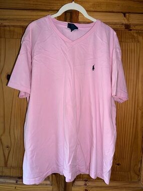 Ralph Lauren Women’s V-Neck Tee in Light Pink with Navy Logo